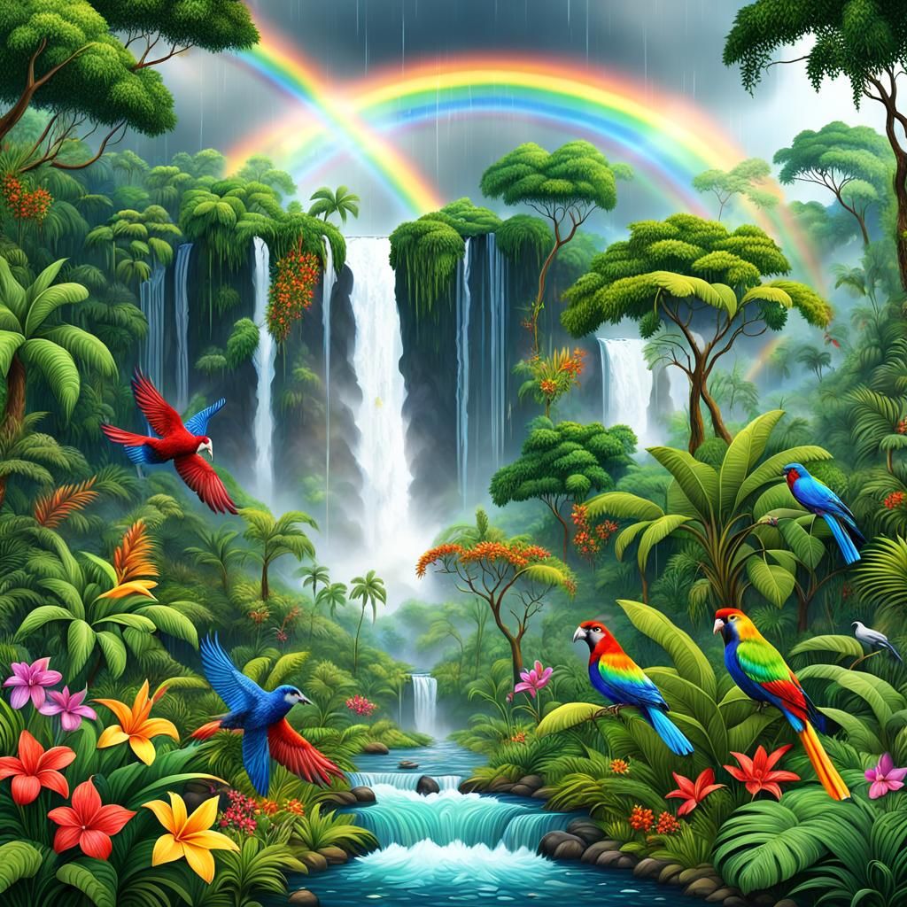 A tropical rain forest with lots of vegetation. Colorful flowers. Green trees. Exotic birds and streams and waterfalls 3...