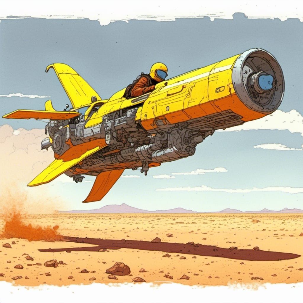 Futuristic Hoverbike in Moebius Style Desert