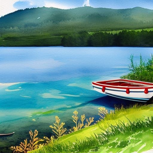 "Summer at the lake drawing, boat on the shore, illustration...
