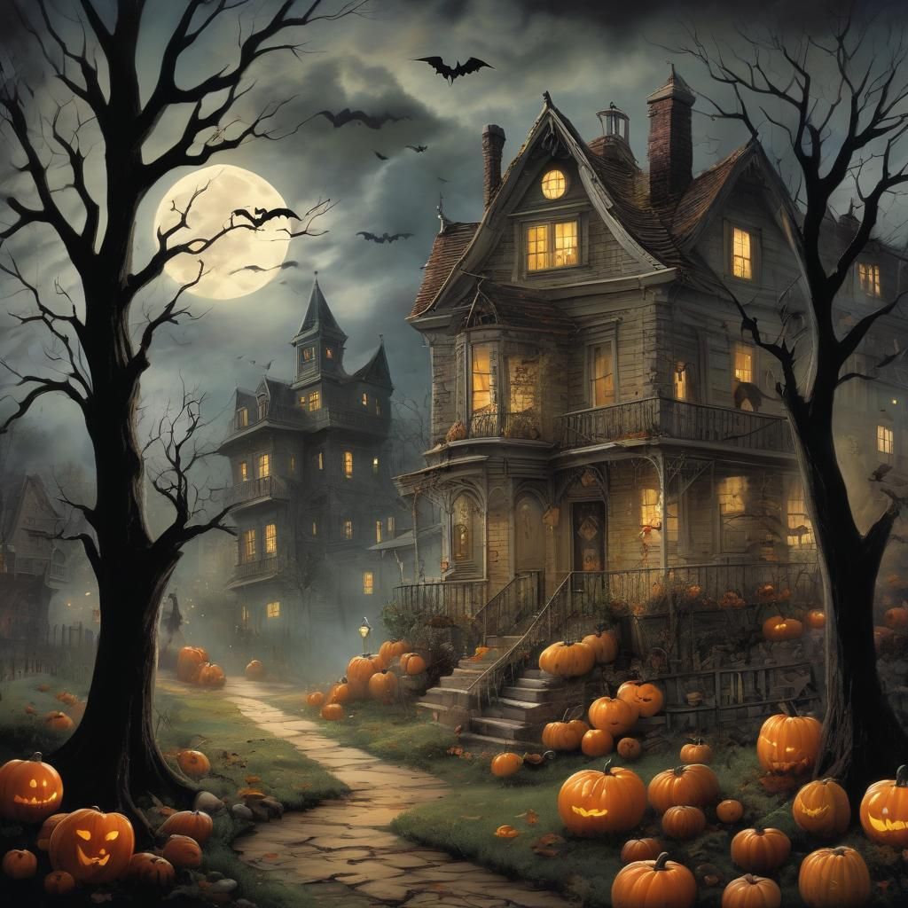 Halloween Scene in Mixed Illustration Styles