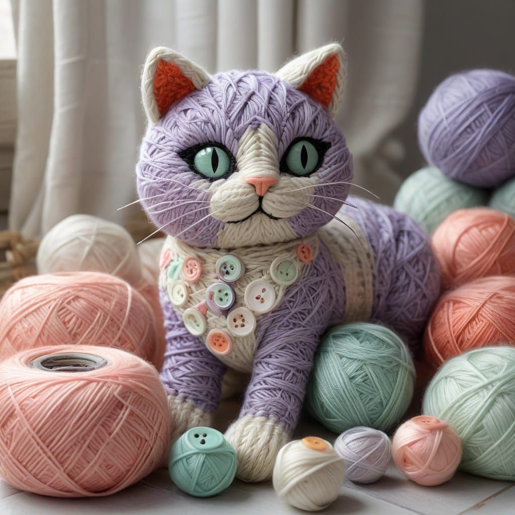 Pastel Yarn Cat Sculpture in Cozy Knitting Nook