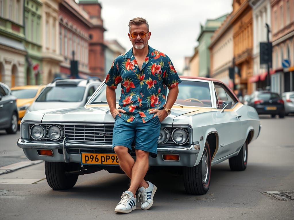 Man with Pompadour Leaning on Classic Car