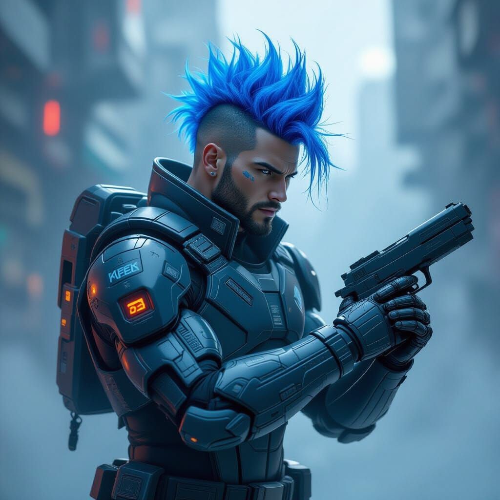 Space Warrior with Blue Flaming Mohawk and Cyborg Arm