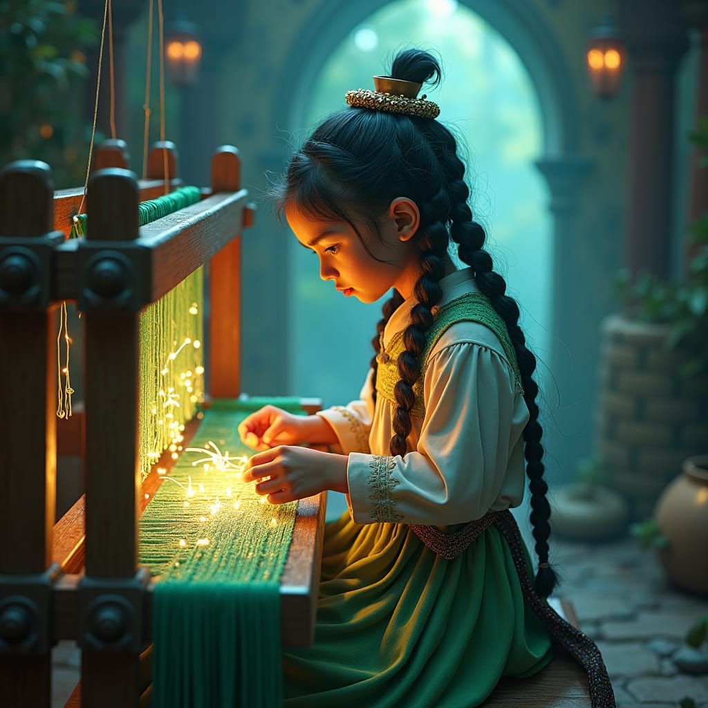 Mystical Spell Weaver at a Glowing Loom