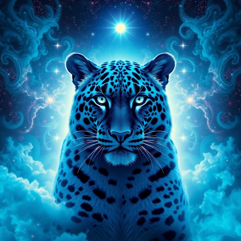 Cosmic Blue Leopard King in Visionary Art Style