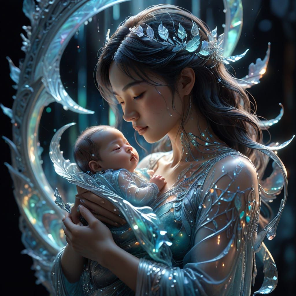 Ethereal Ice Sculpture of Mother and Child