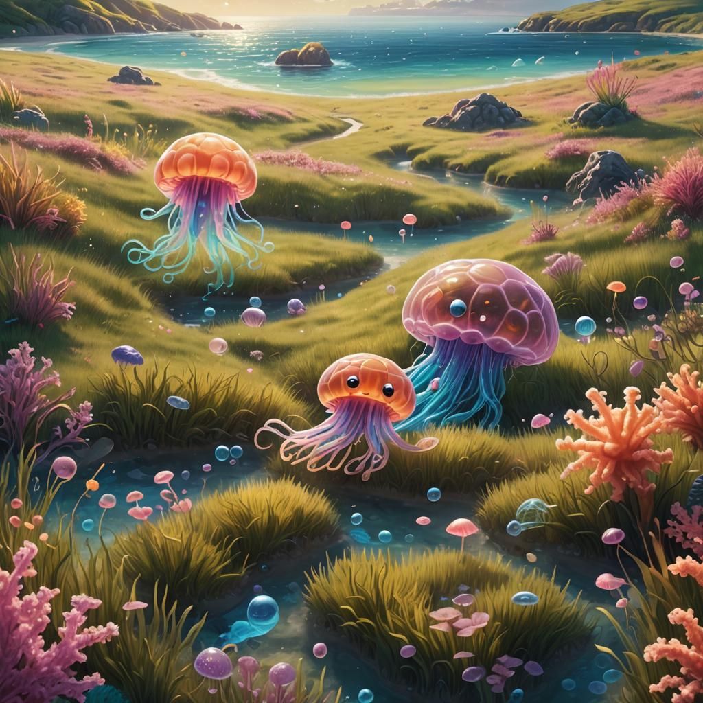 SpongeBob and Patrick in Jellyfish Fields: Digital Art