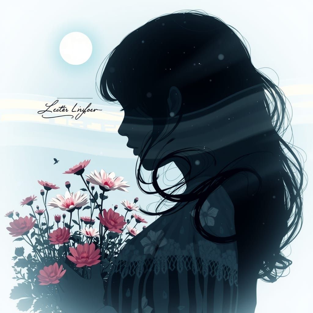 Girl and Flowers Under Moonlight: Double Exposure