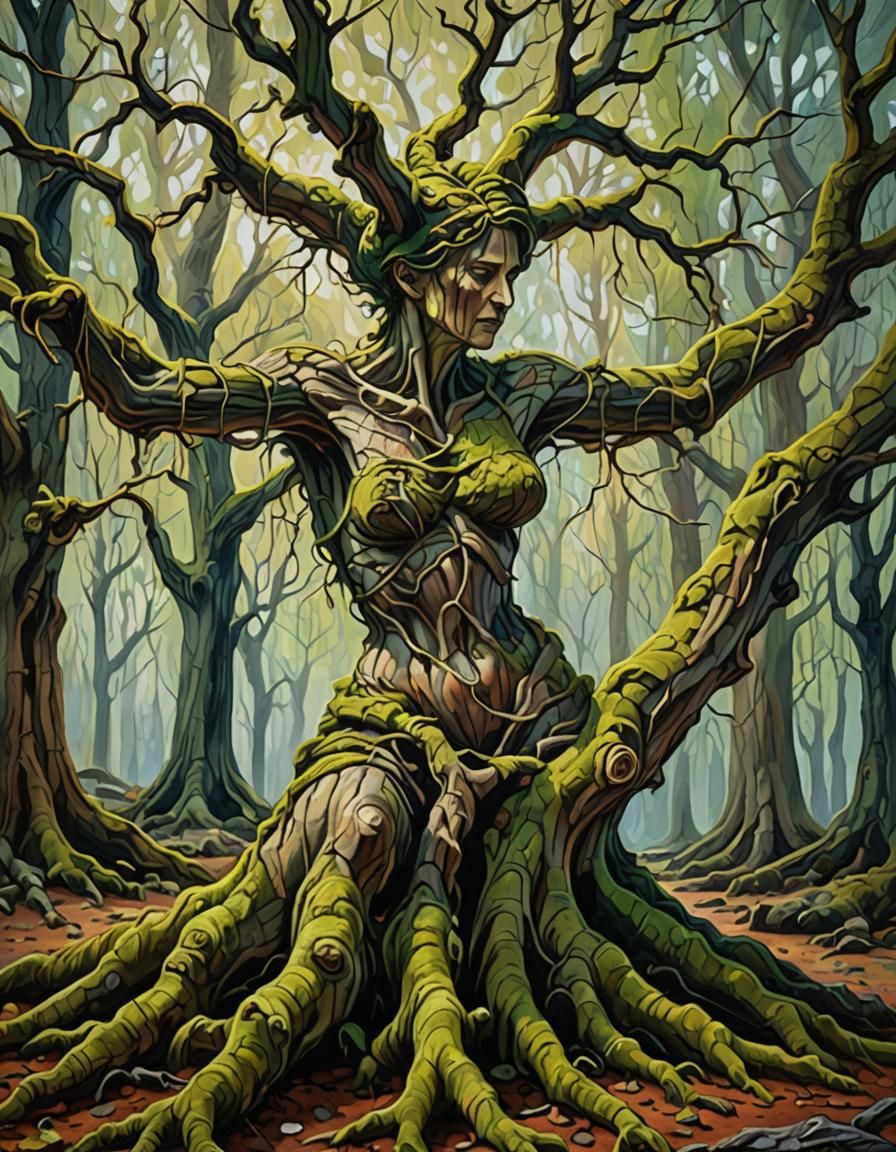 Gnarled Tree Shaped as Female Body in Expressionist Impasto