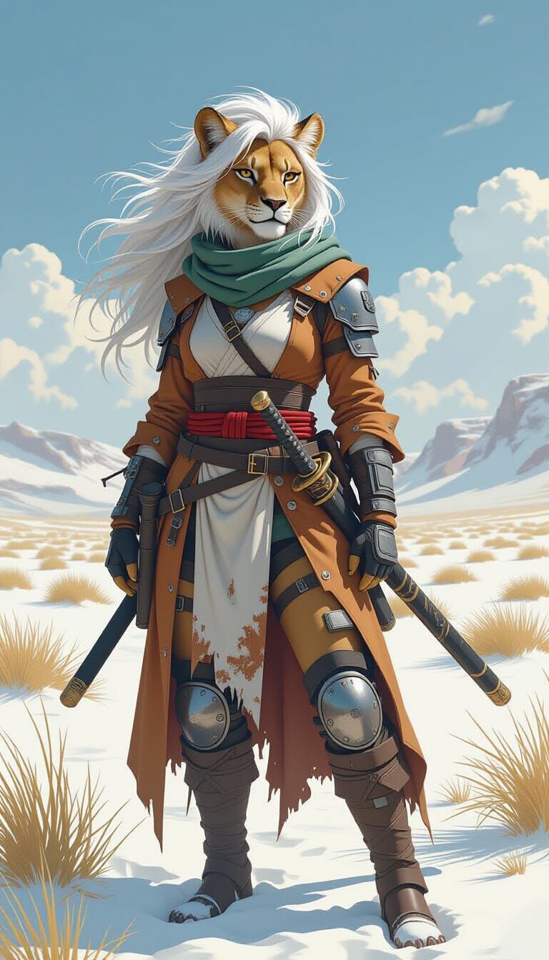 Lioness Fembot in Snow Savanna, Loish-Style Expressive Art