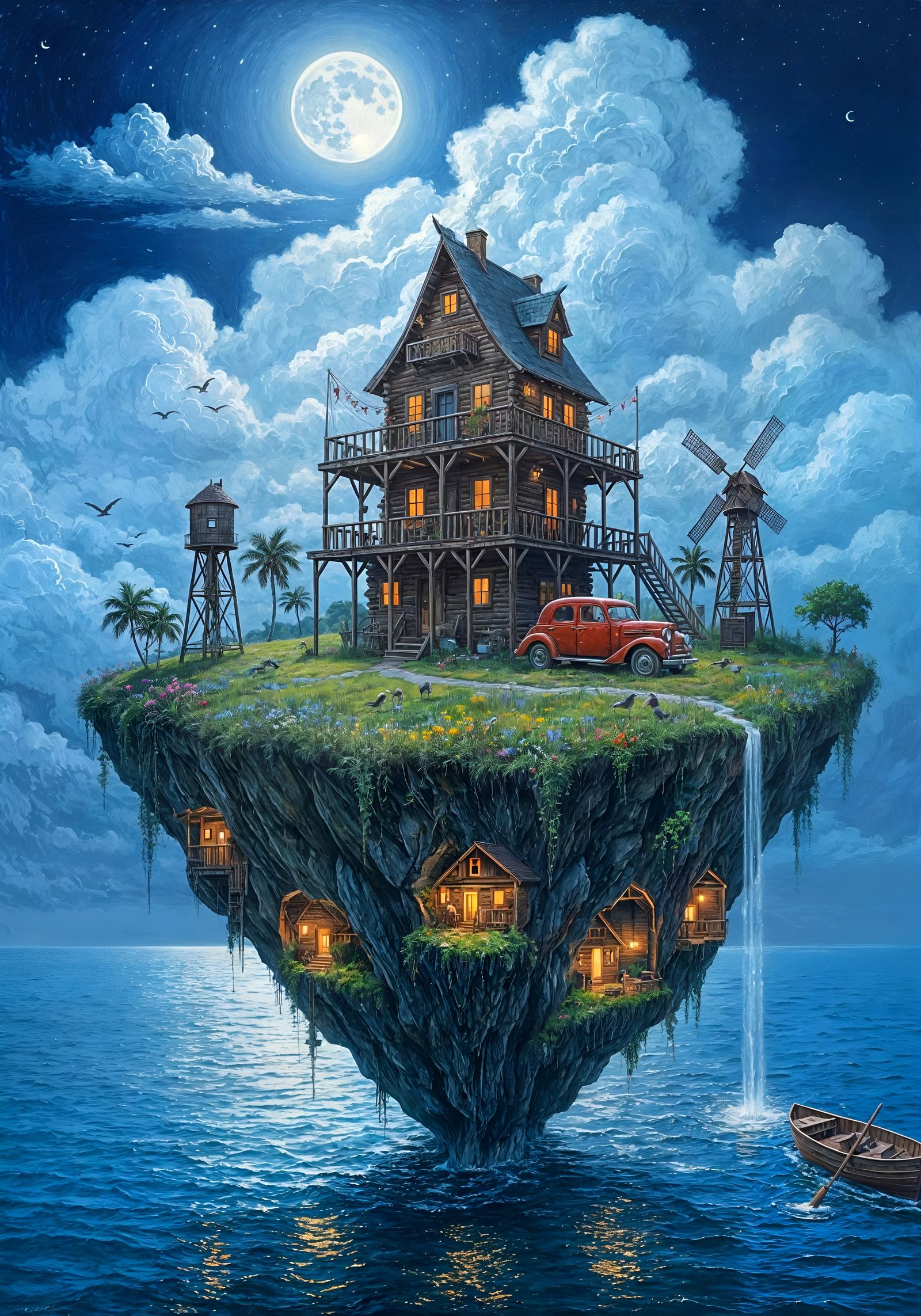 Impasto Painting of a Moonlit Floating Island Cabin