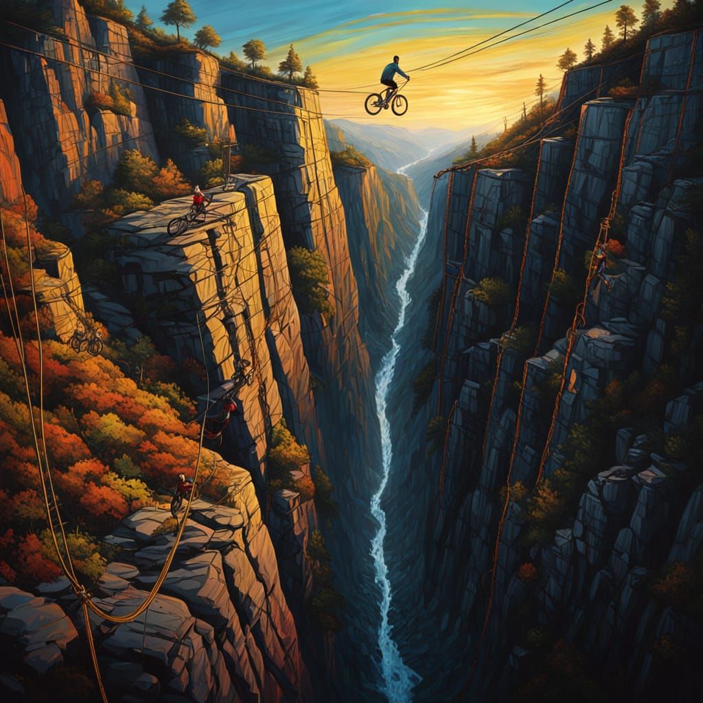 Bicycle on Zip Wire Over Abyss: Triadic Color Oil Painting