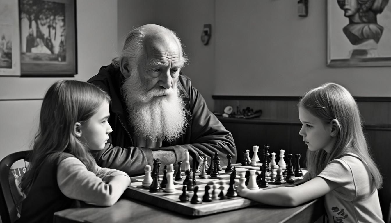 Elderly Man Teaches Chess in Black and White Photo