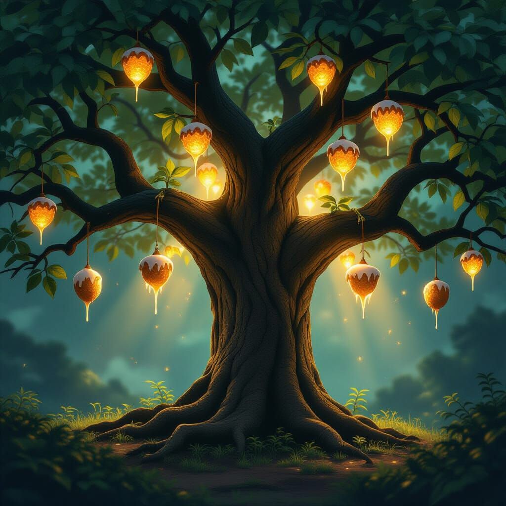 Mystical Tree of Life with Glowing Leaves and Pastry Fruit
