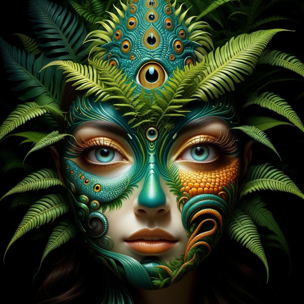 AI Face Merges with Biomechanical Fern in Forest