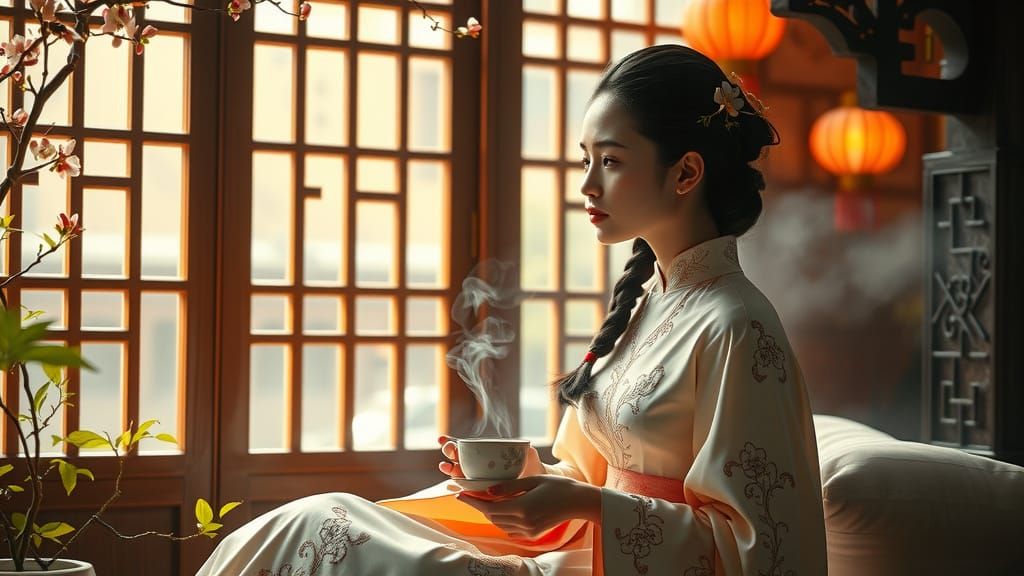 Ethereal Chinese Goddess Sits in Serene Splendor