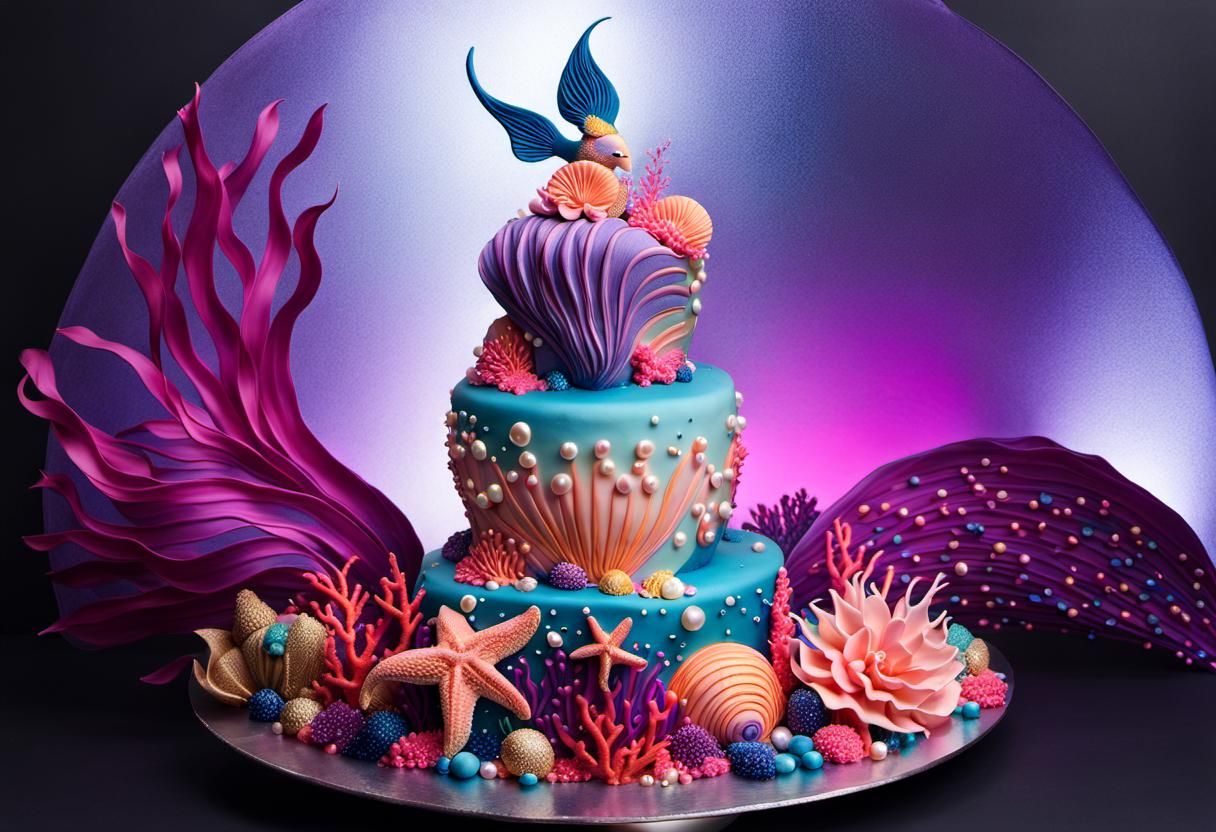 Colorful photo of a cake sculpture depicting a magical underwater world.
