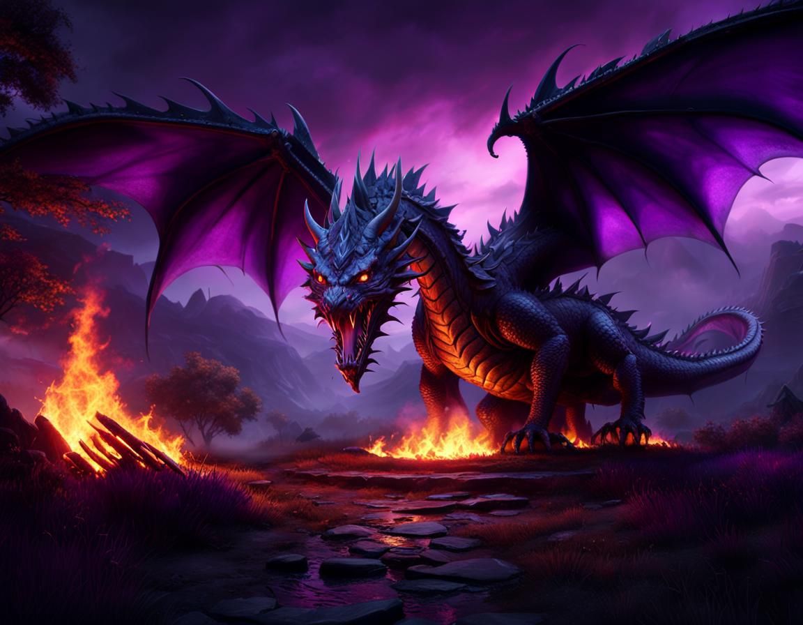 Majestic Purple Dragon Breathing Fire, Dark Fantasy Art