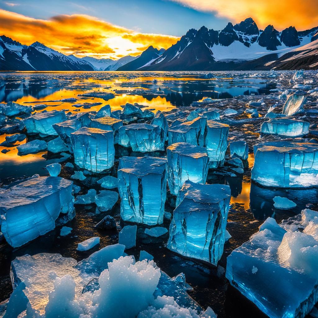 Golden Sunrise on Blue Glacier in Watercolor