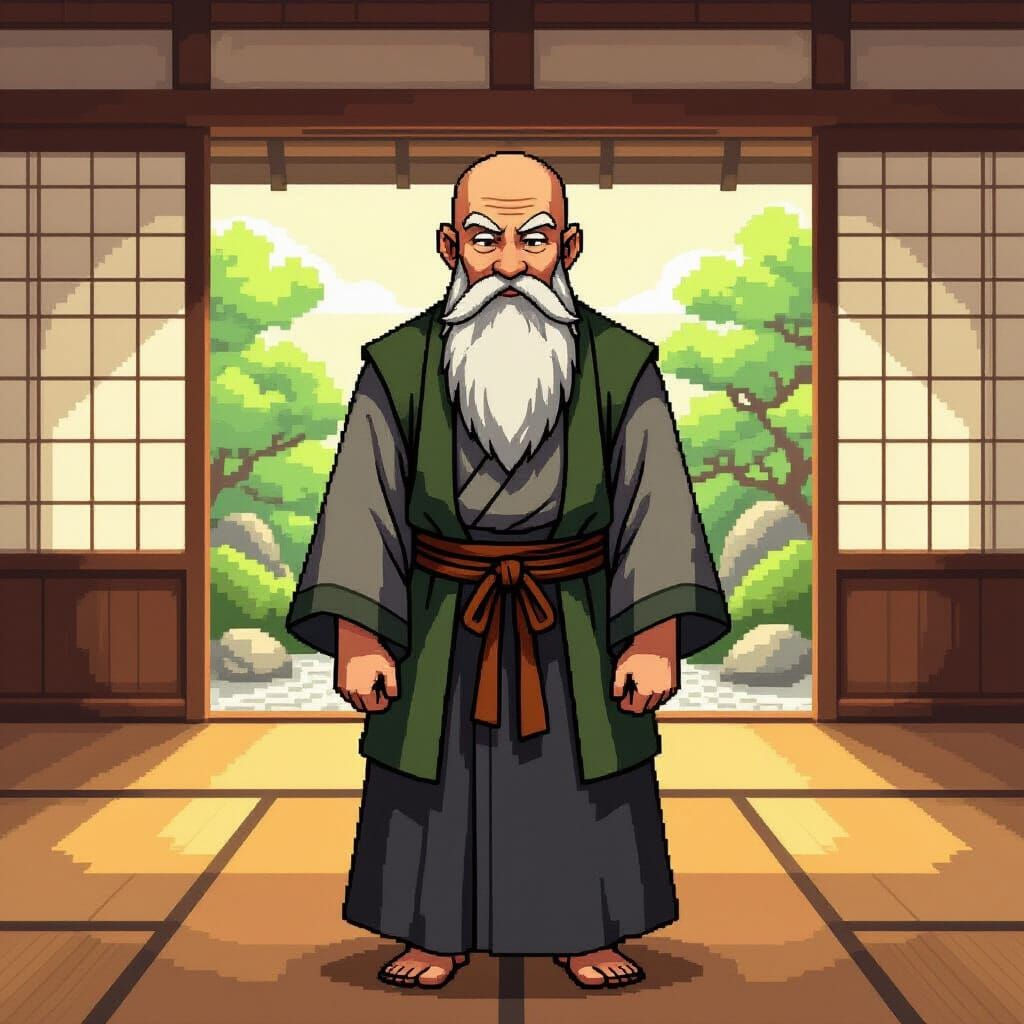 Pixel Art: Wise Monk in Serene Dojo