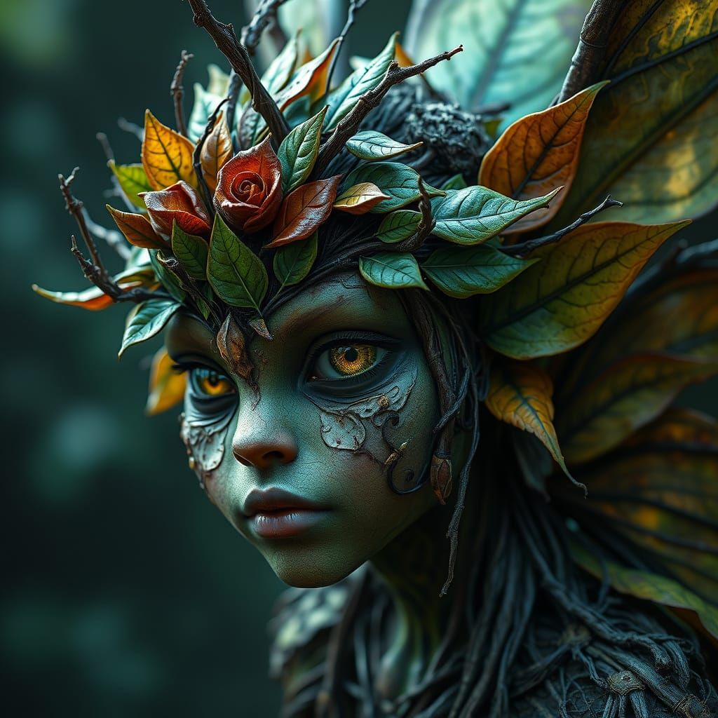 "leaf faced Fairy composed of leaves and twigs, eyes bright ...