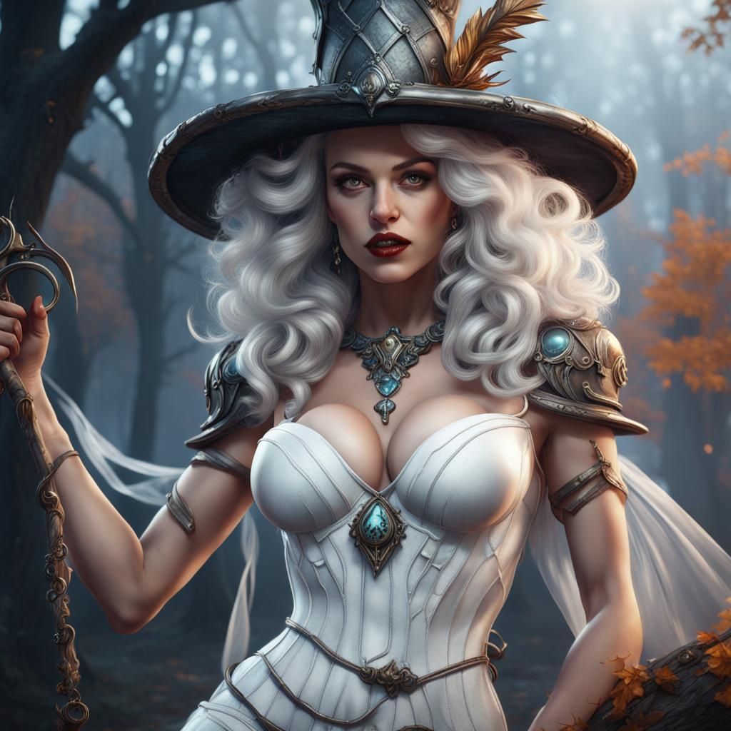 Hyperrealistic White Witch Pinup Girl in Detailed Painting