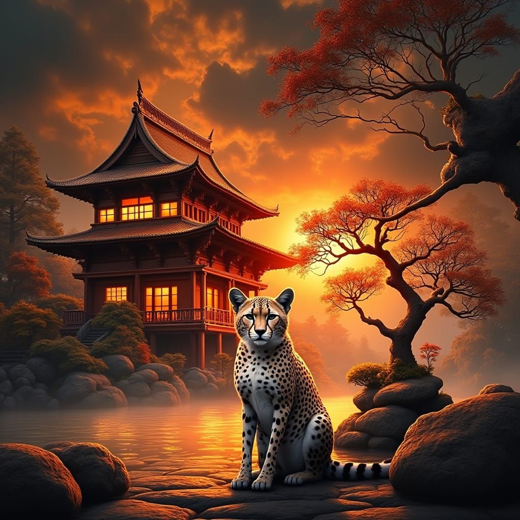 A Cheetah Contemplates in a Traditional Japanese Garden Sett...