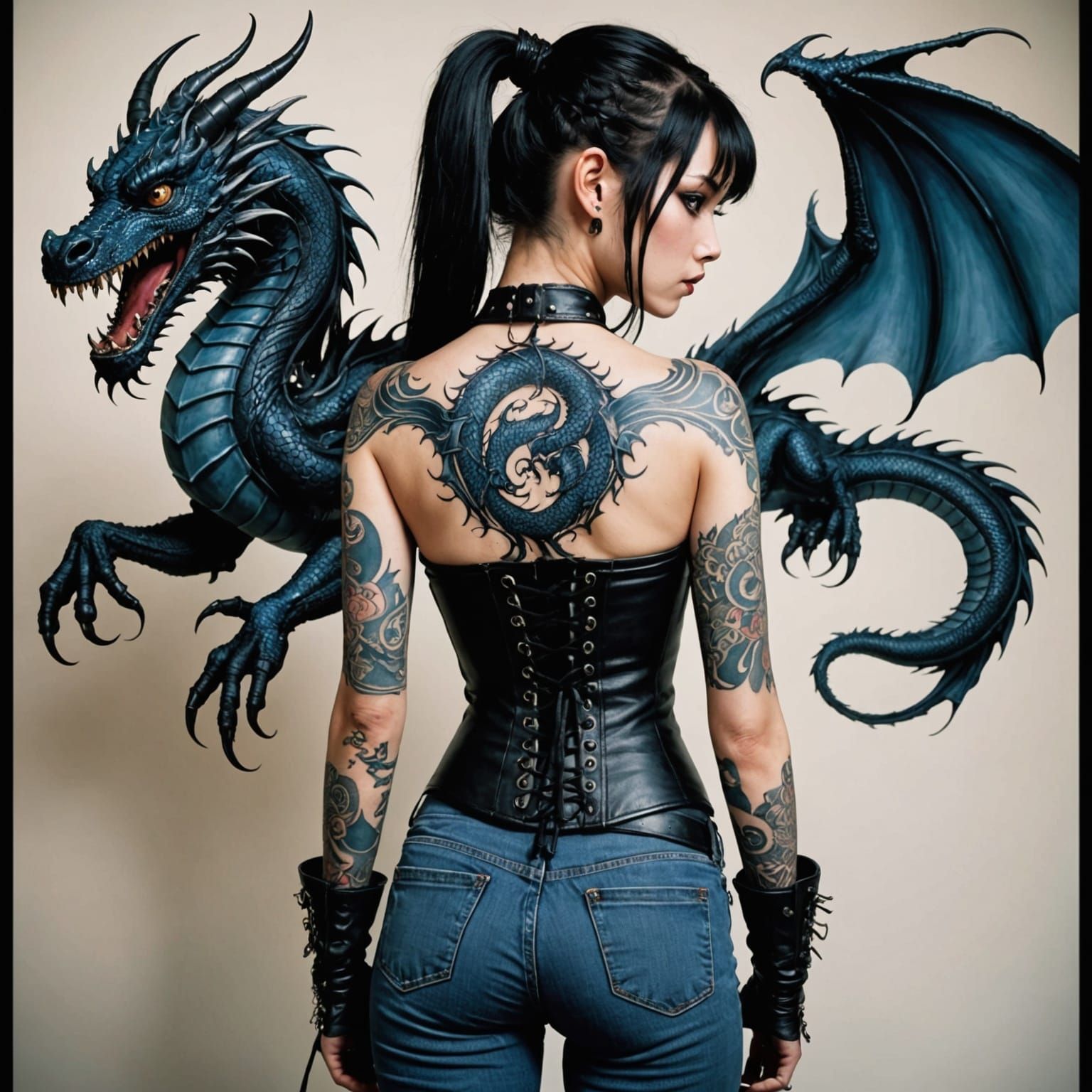 Goth Female with Dragon Tattoo in Rainy Shibuya