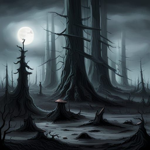 Spooky Fir Forest with Will-o'-the-Wisps in Moonlight