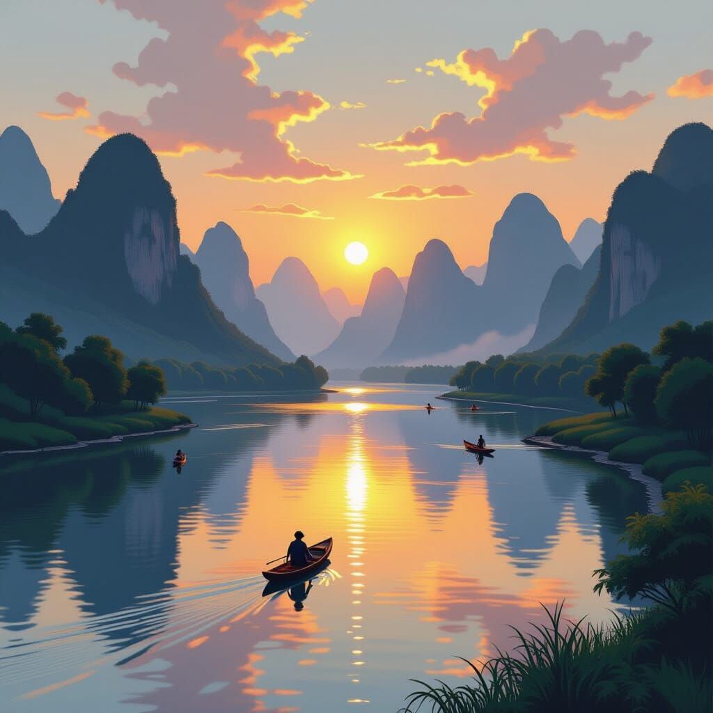 Guilin River at Dusk: A Landscape Painting