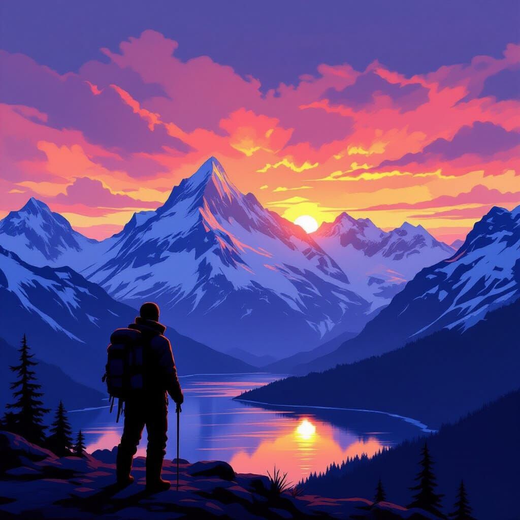 Mountaineer Silhouetted Against Fiery Sunset Over Snowy Peak...