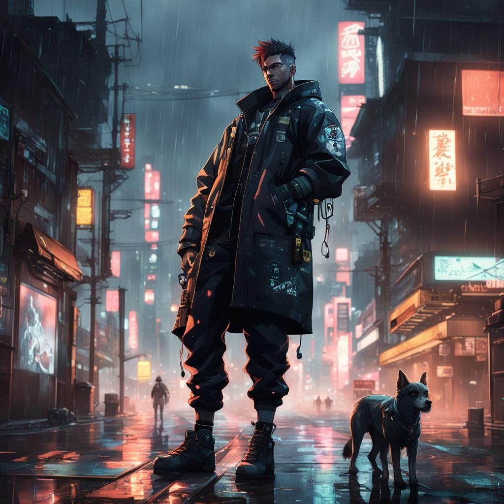 Cyberpunk Dog-Eared Protagonist in Rainy City