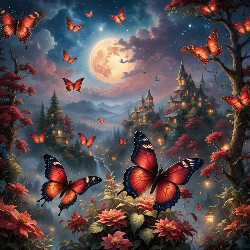 Crimson Butterfly Soaring in Moonlit Fantasy Sky