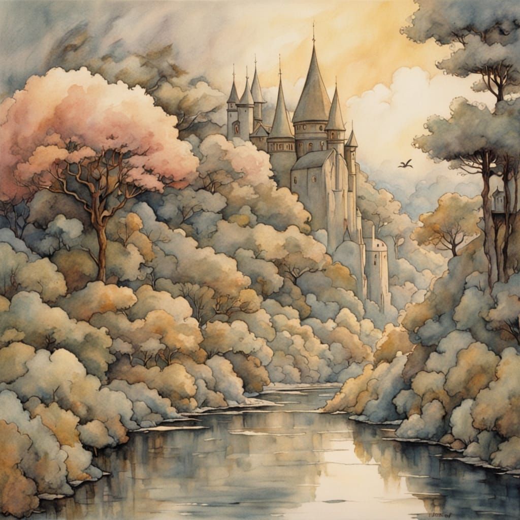 Pastel Coastal Village in Watercolor Style