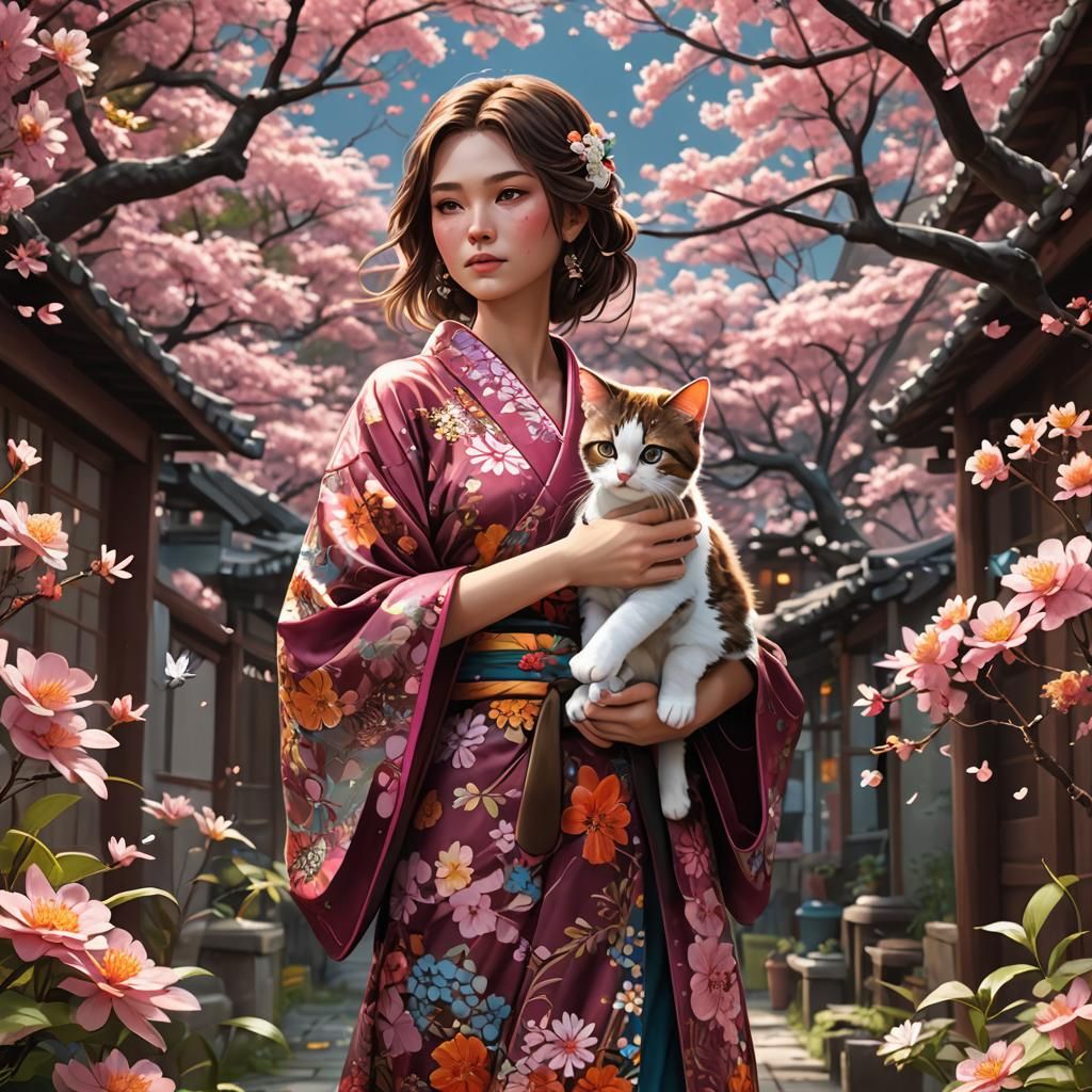Girl in Kimono with Kitty in Flower Storm