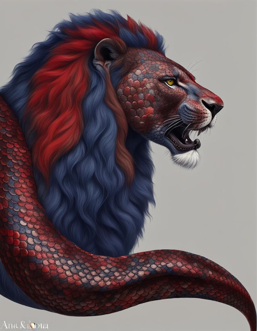 Lion and Anaconda in Indigo, Brown, and Red