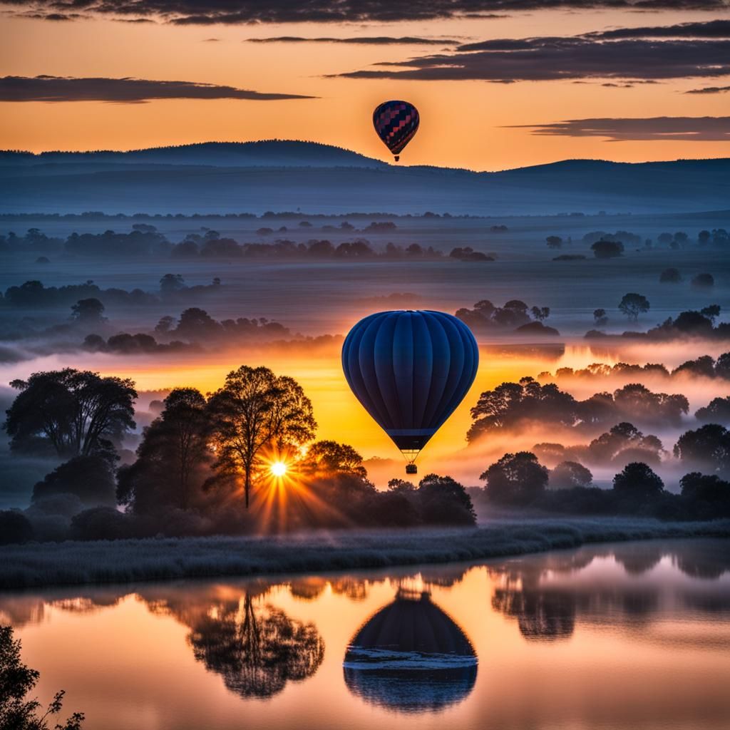 Hot Air Balloon Glowing at Dawn Landscape