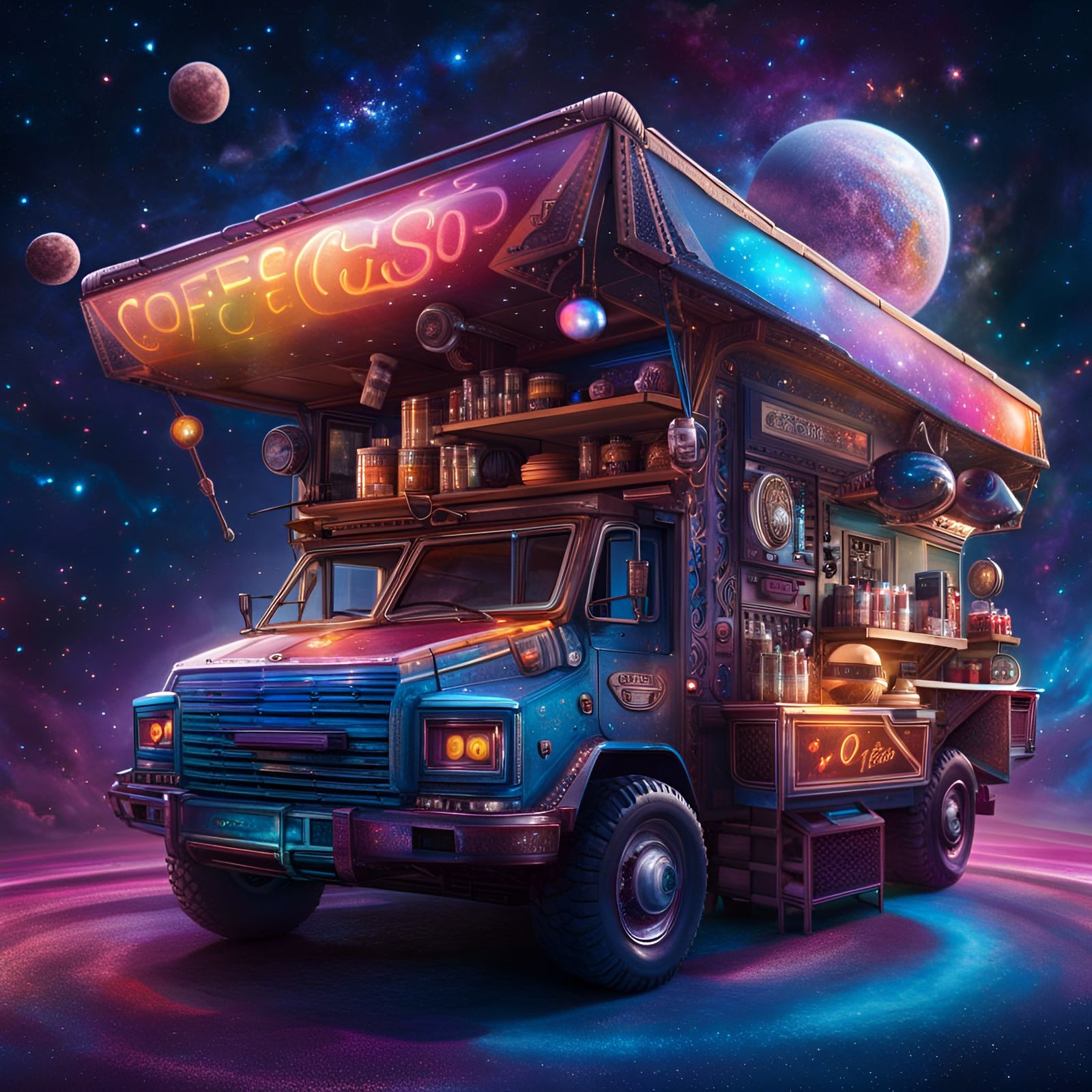Hyperrealistic Coffee Shop Space Truck in Galaxy