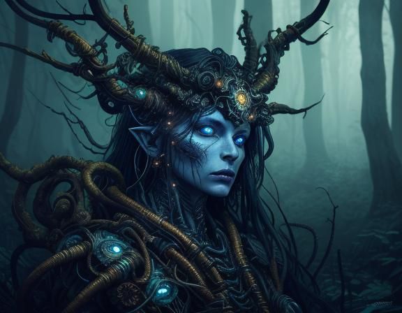 Dark fantasy. Close-up portrait. A forest nymph with antropo...