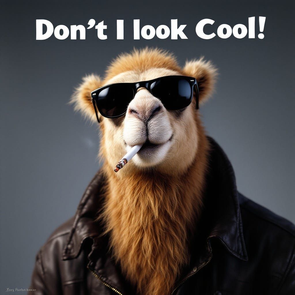 Vintage Joe Camel Icon Smokes Cigarette in Leather Jacket