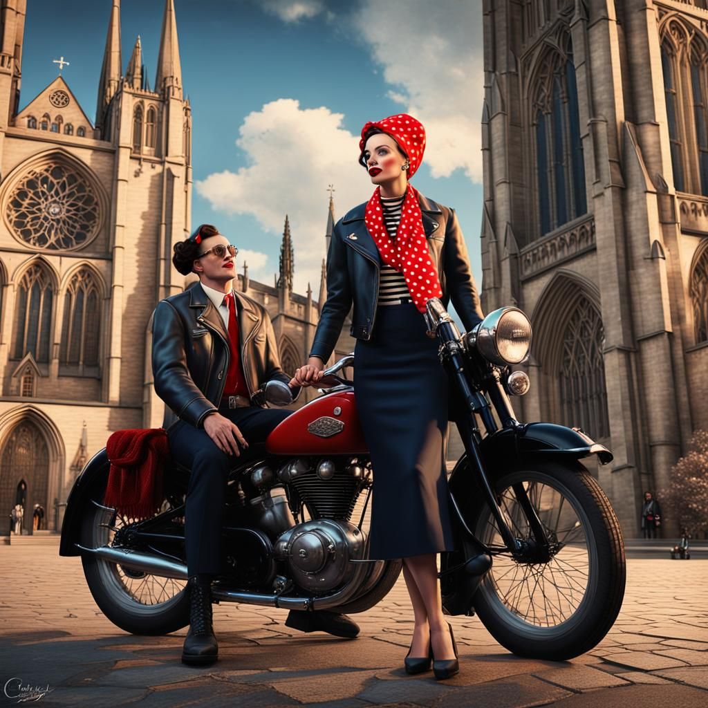Rockabilly Girl and Biker Outside Beverley Minster