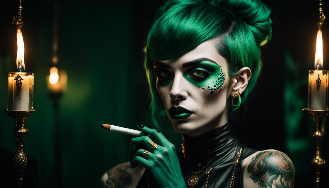 Green Alien Vampire Woman in Gothic Surrealism Style