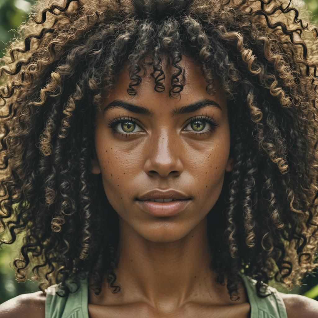 Beautiful Green-Eyed Girl with Afro, Cinematic Portrait