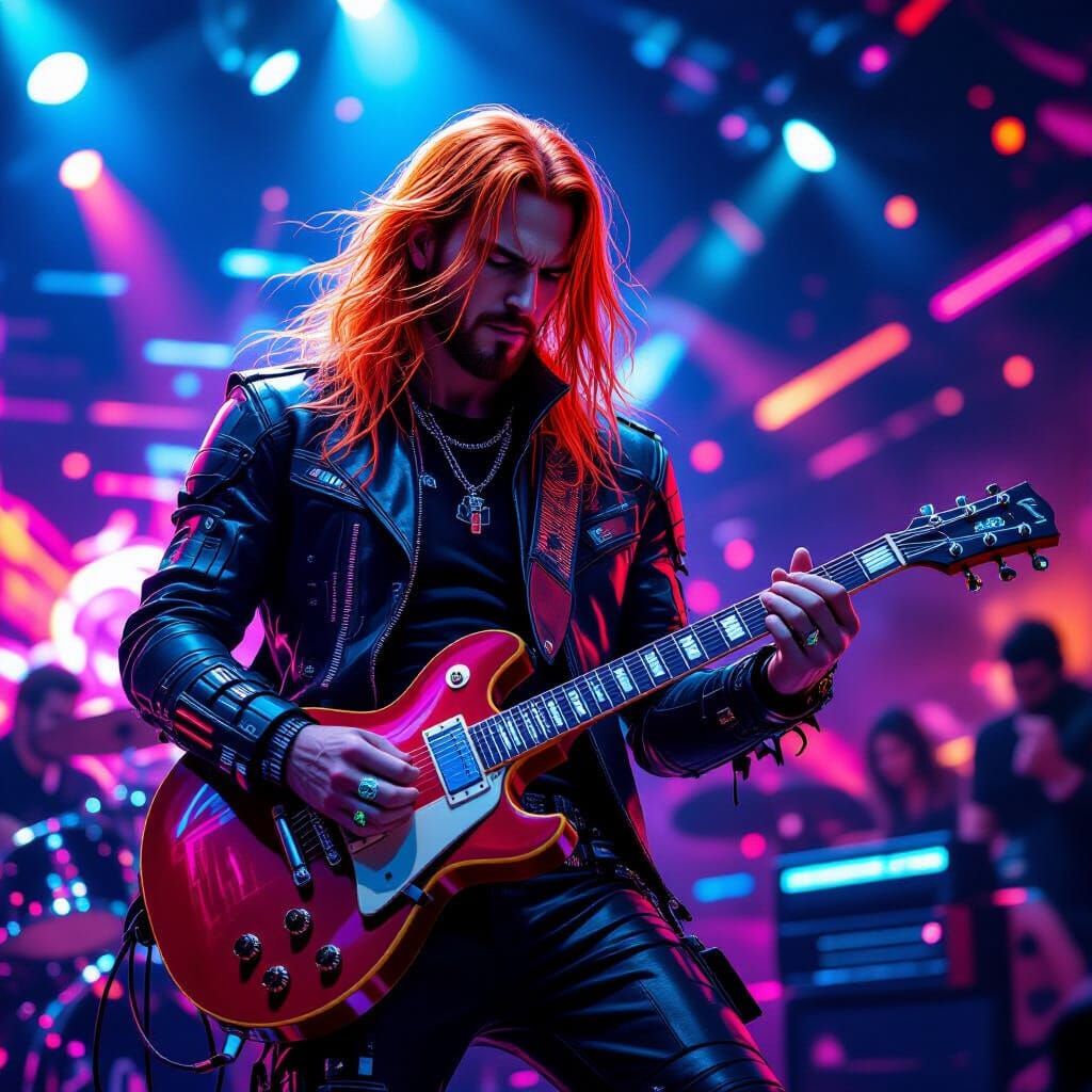 Cyberpunk Guitarist Shreds in Neon Metropolis