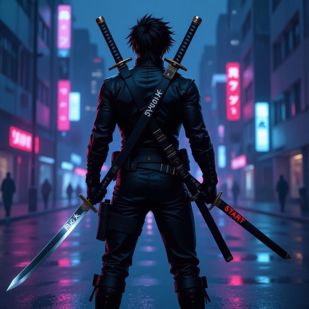 Anime Swordsman in Neon City, Inspired by Amano