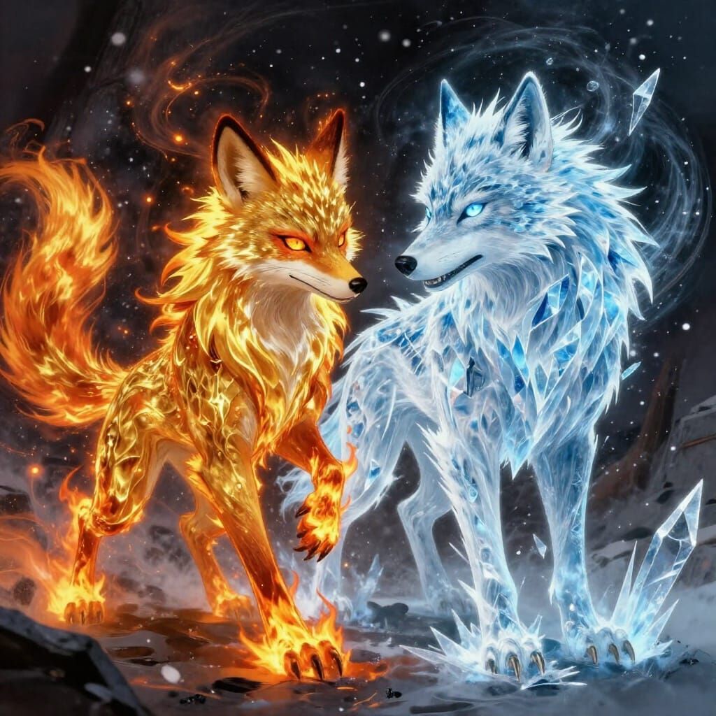 Mythical Fire Fox Battles Ice Wolf in Dark Fantasy Style