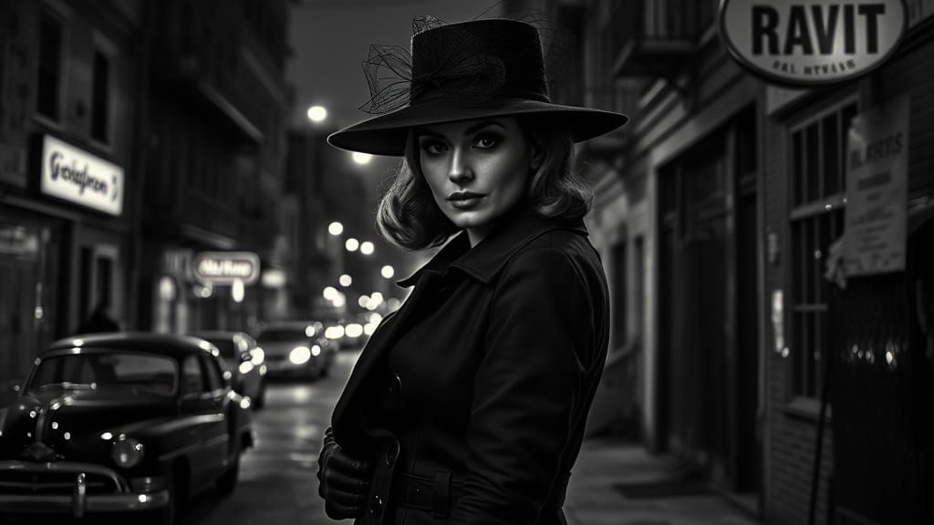 Mysterious Woman in Film Noir Style