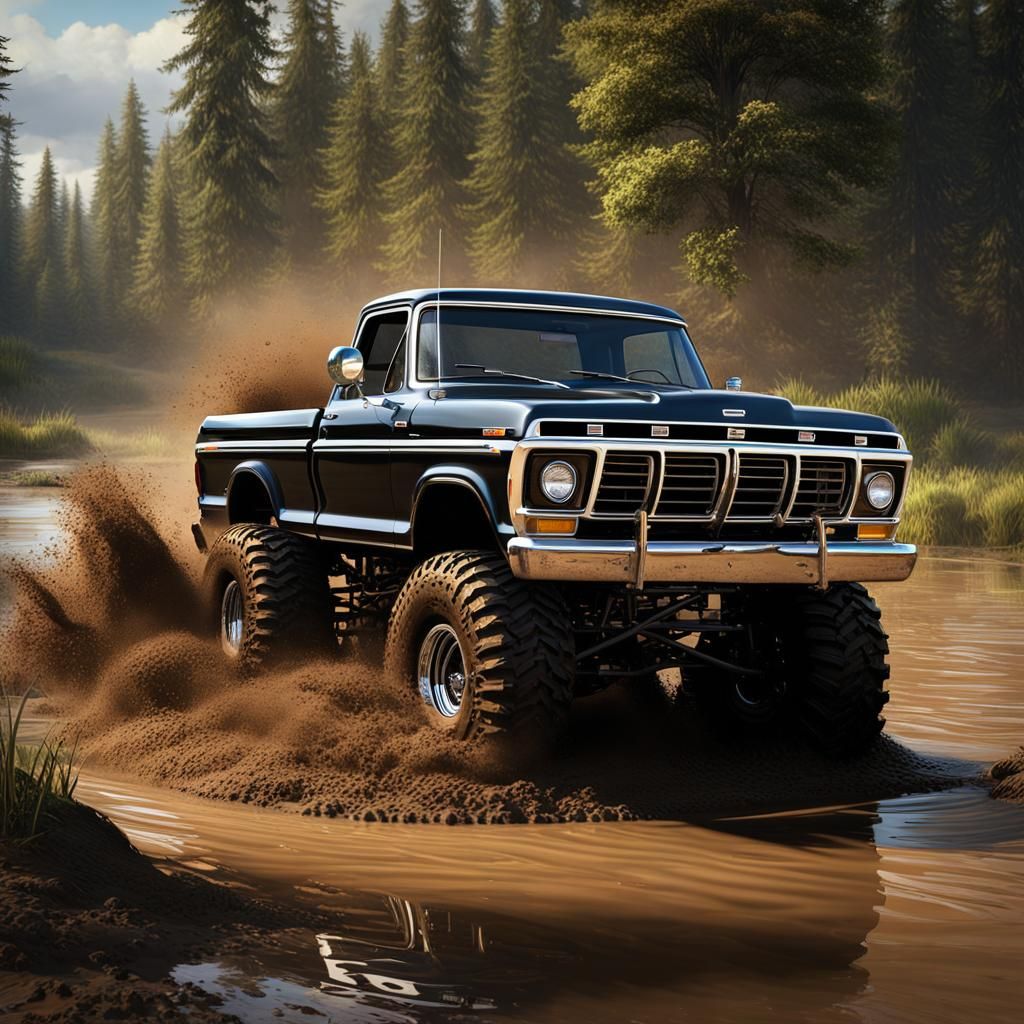1973 Ford F100 Short Box, black, lifted on huge super swamper bogger tires, driving through deep mud pit, tires spinning...