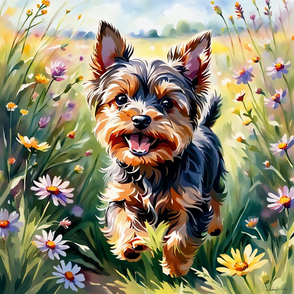 Vibrant Yorkshire Terrier Puppy in Whimsical Watercolor Impr...