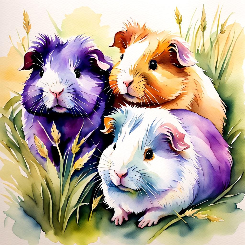 Whimsical Watercolor of Purple Baby Guinea Pigs